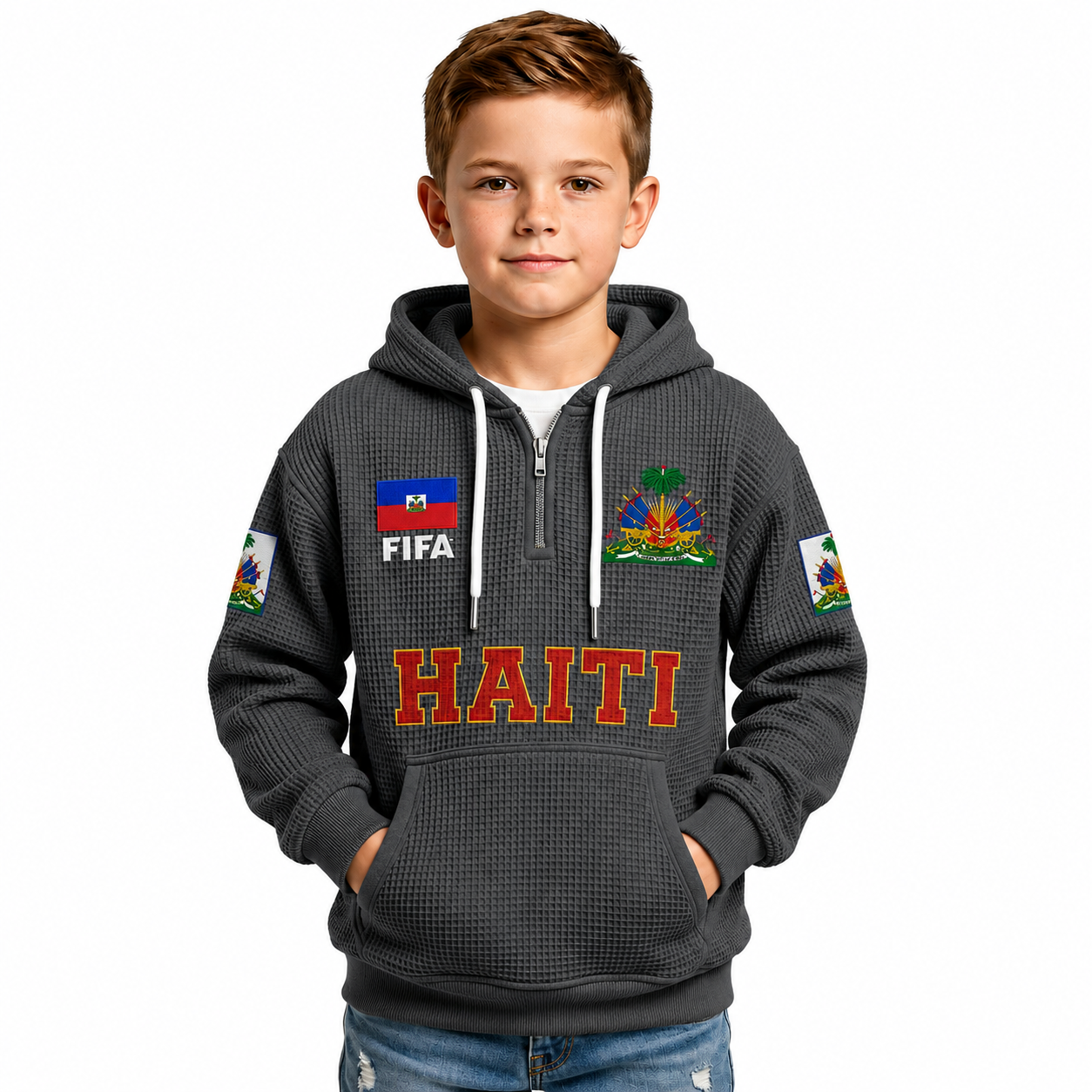 FIFA 2026 Haiti Printed Waffle Quarter Zip Kids Football Fan Hoodie