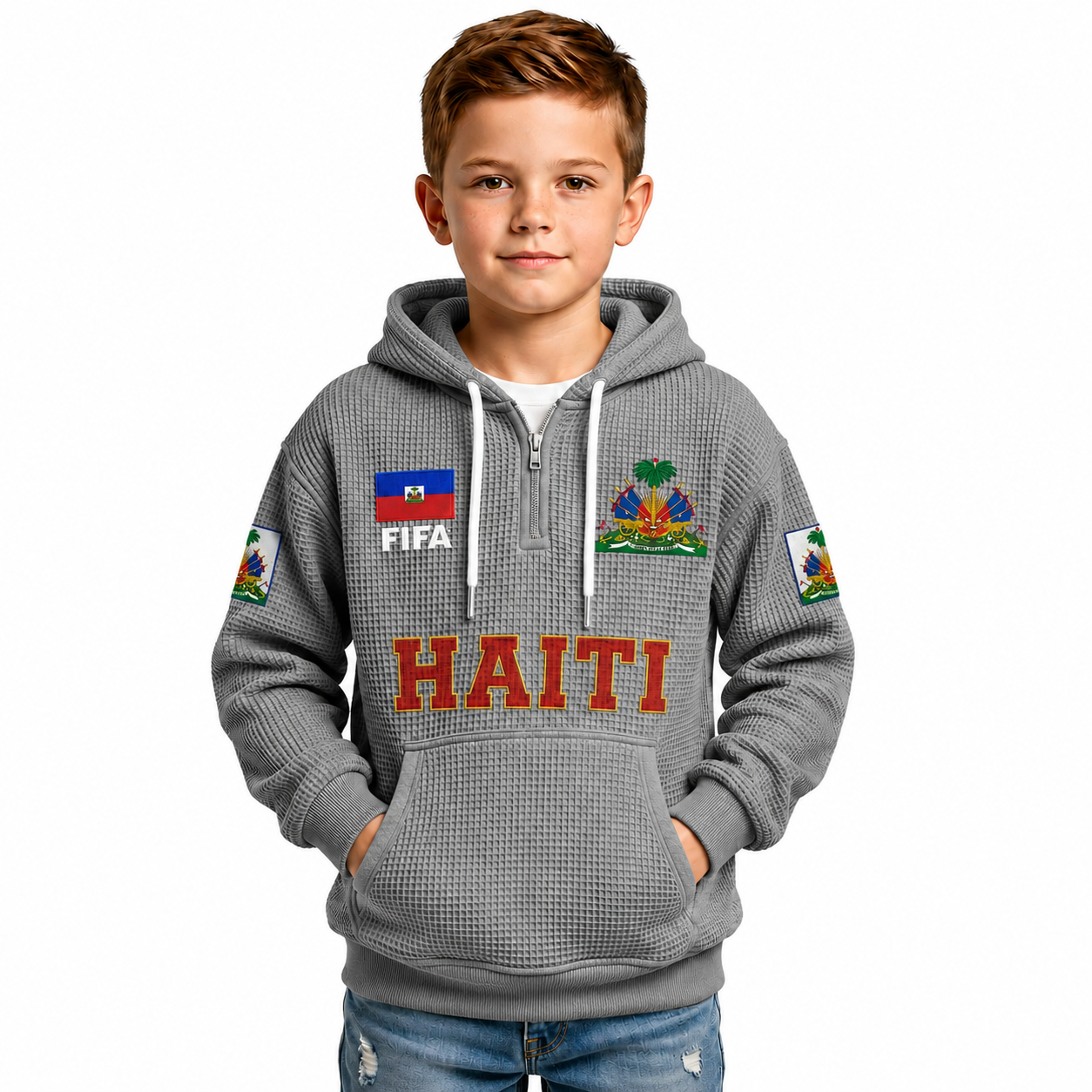 FIFA 2026 Haiti Printed Waffle Quarter Zip Kids Football Fan Hoodie