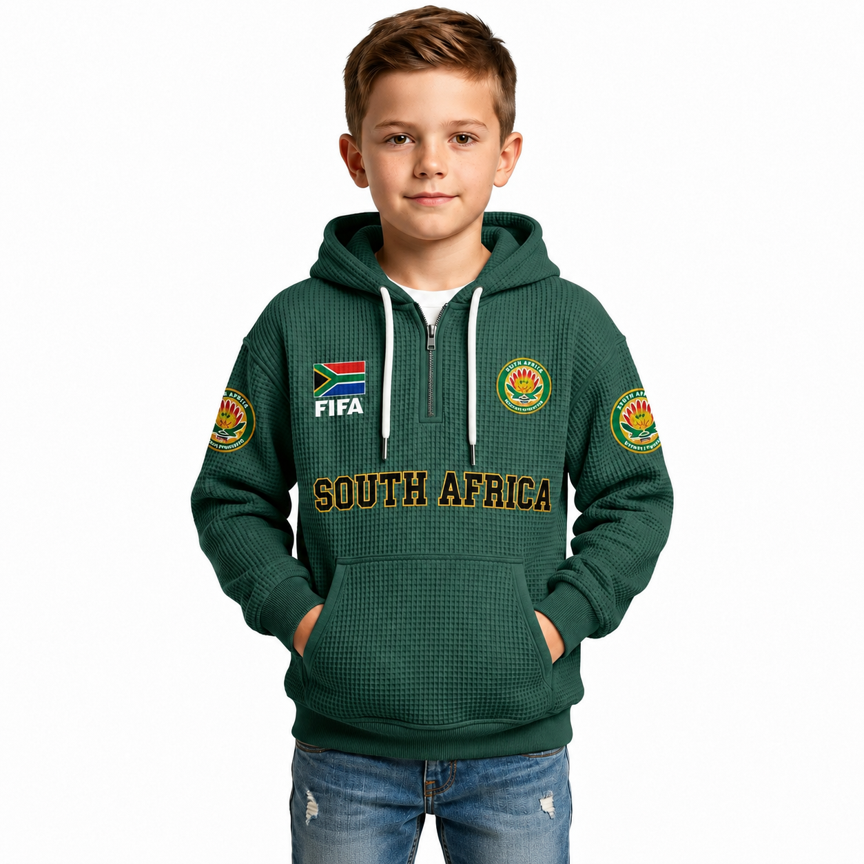 FIFA 2026 South Africa Printed Waffle Quarter Zip Kids Football Fan Hoodie