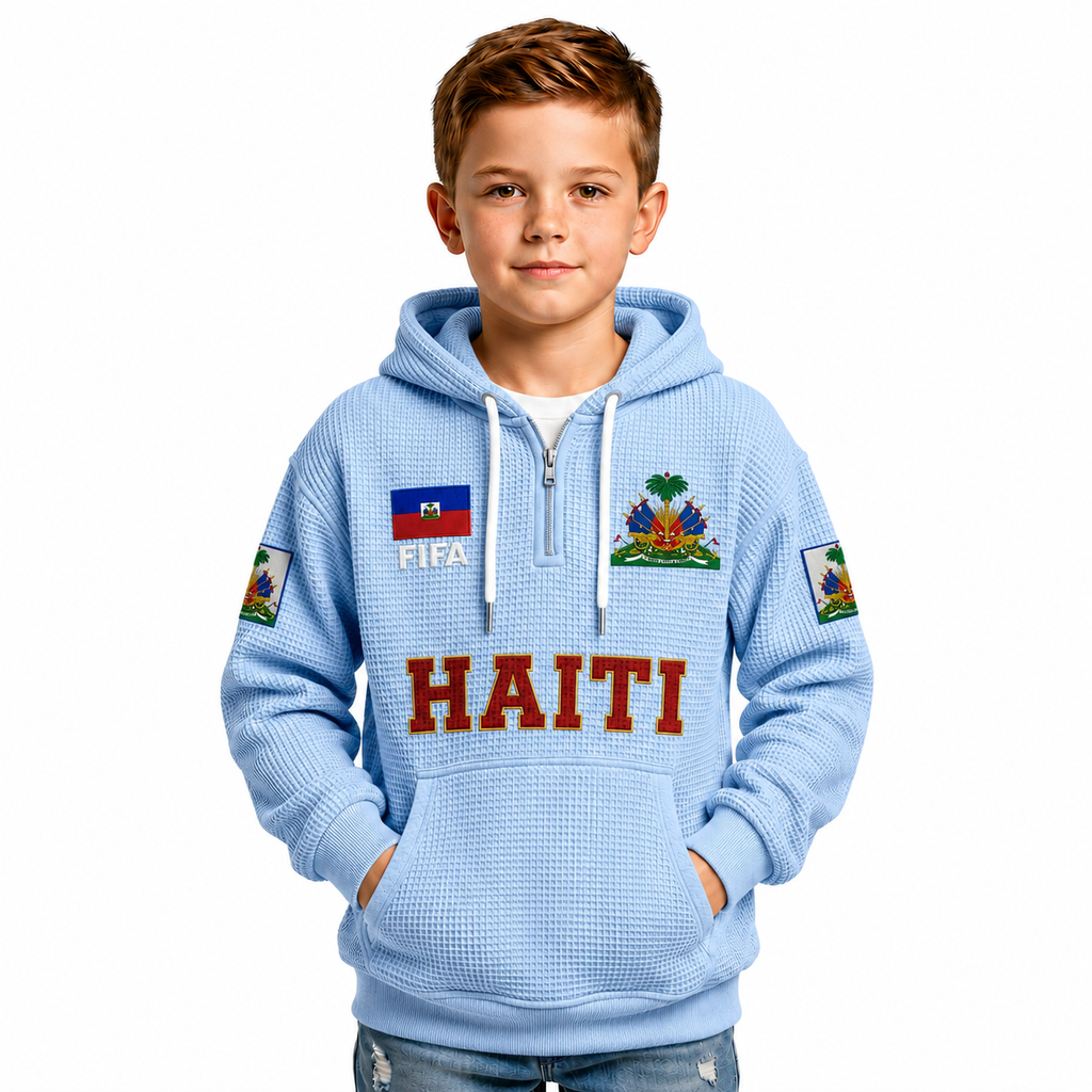 FIFA 2026 Haiti Printed Waffle Quarter Zip Kids Football Fan Hoodie