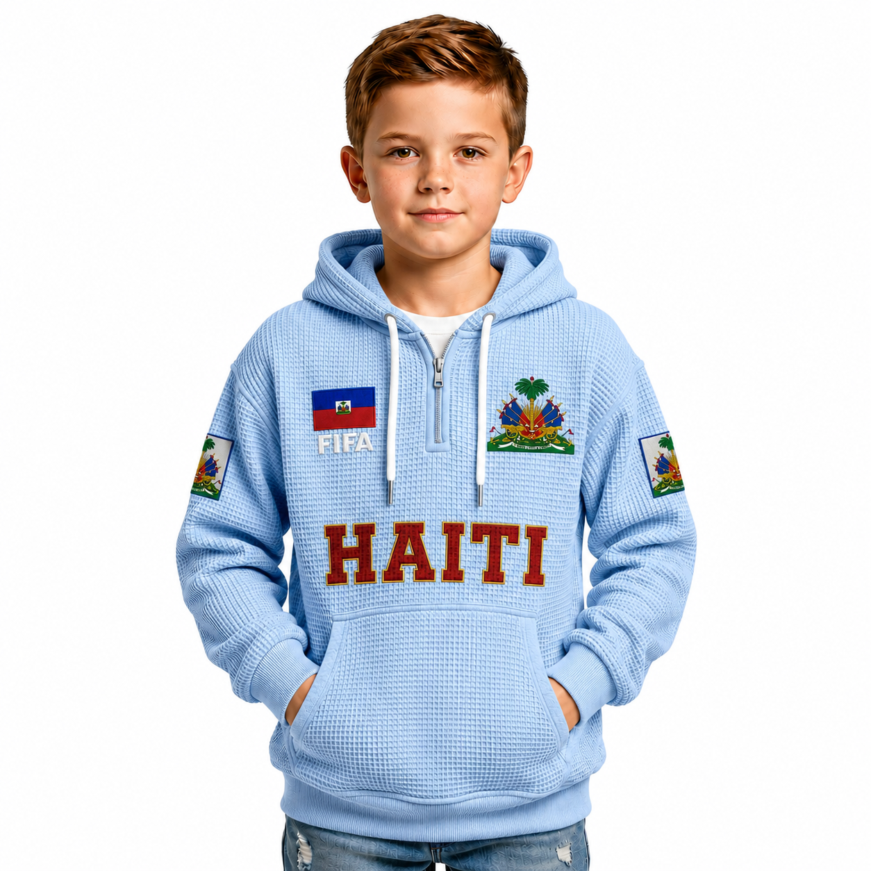 FIFA 2026 Haiti Printed Waffle Quarter Zip Kids Football Fan Hoodie