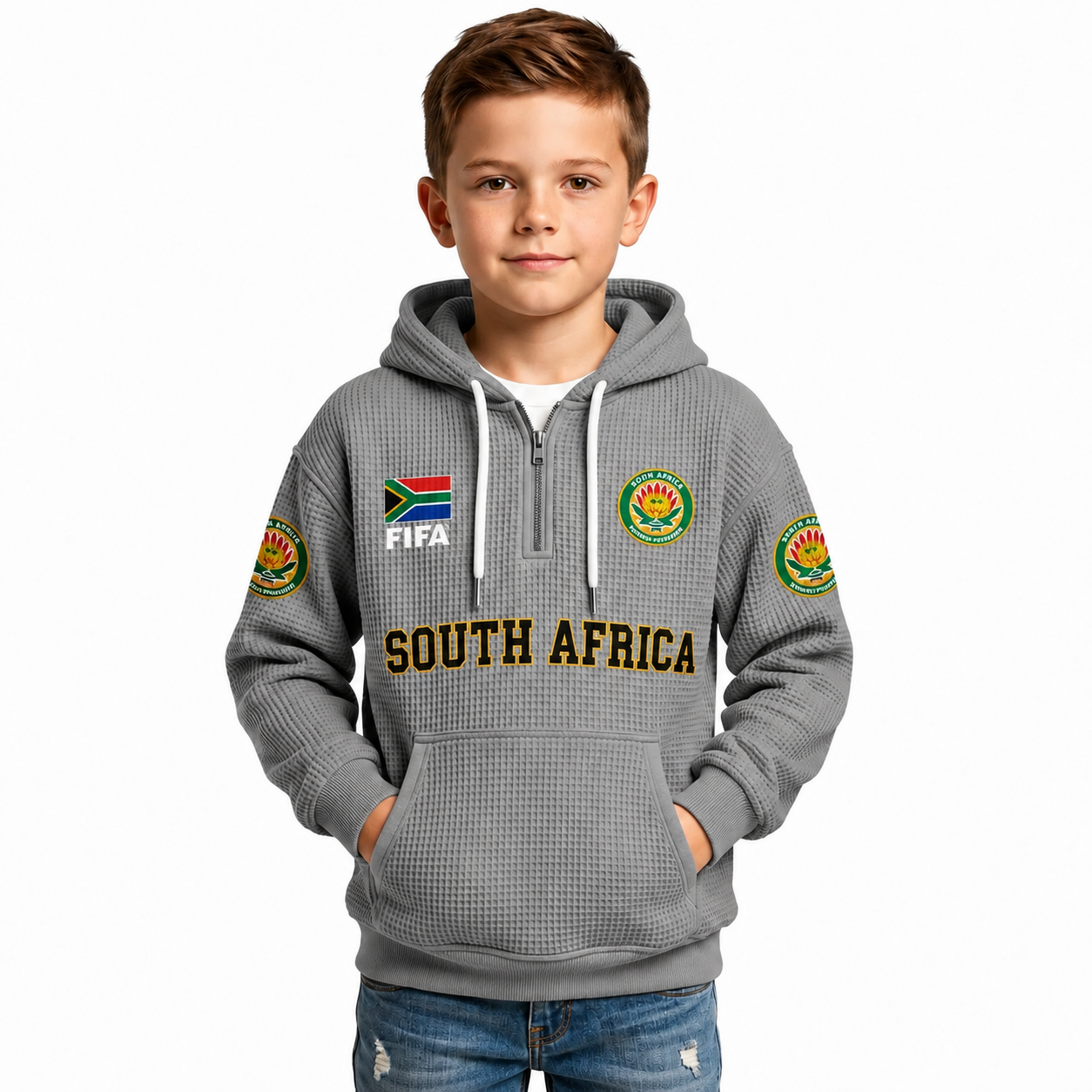 FIFA 2026 South Africa Printed Waffle Quarter Zip Kids Football Fan Hoodie