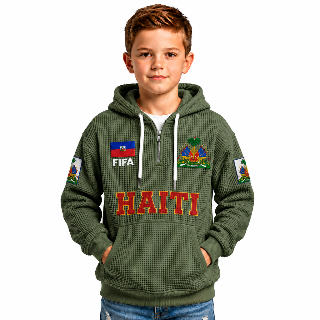 FIFA 2026 Haiti Printed Waffle Quarter Zip Kids Football Fan Hoodie