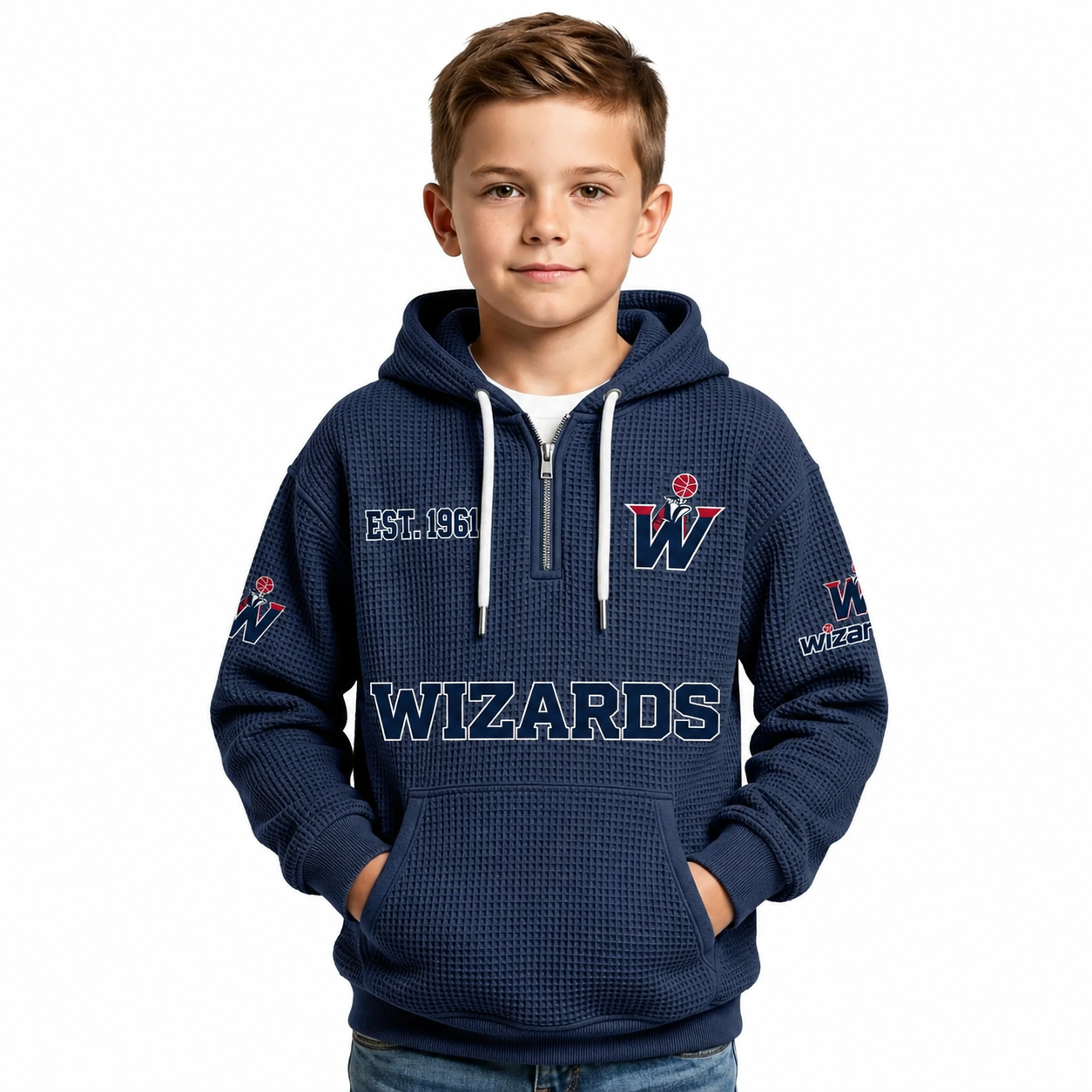Washington Wizards EST 1961 Kids Baseball Fan Printed Waffle Quarter Zip Hoodie