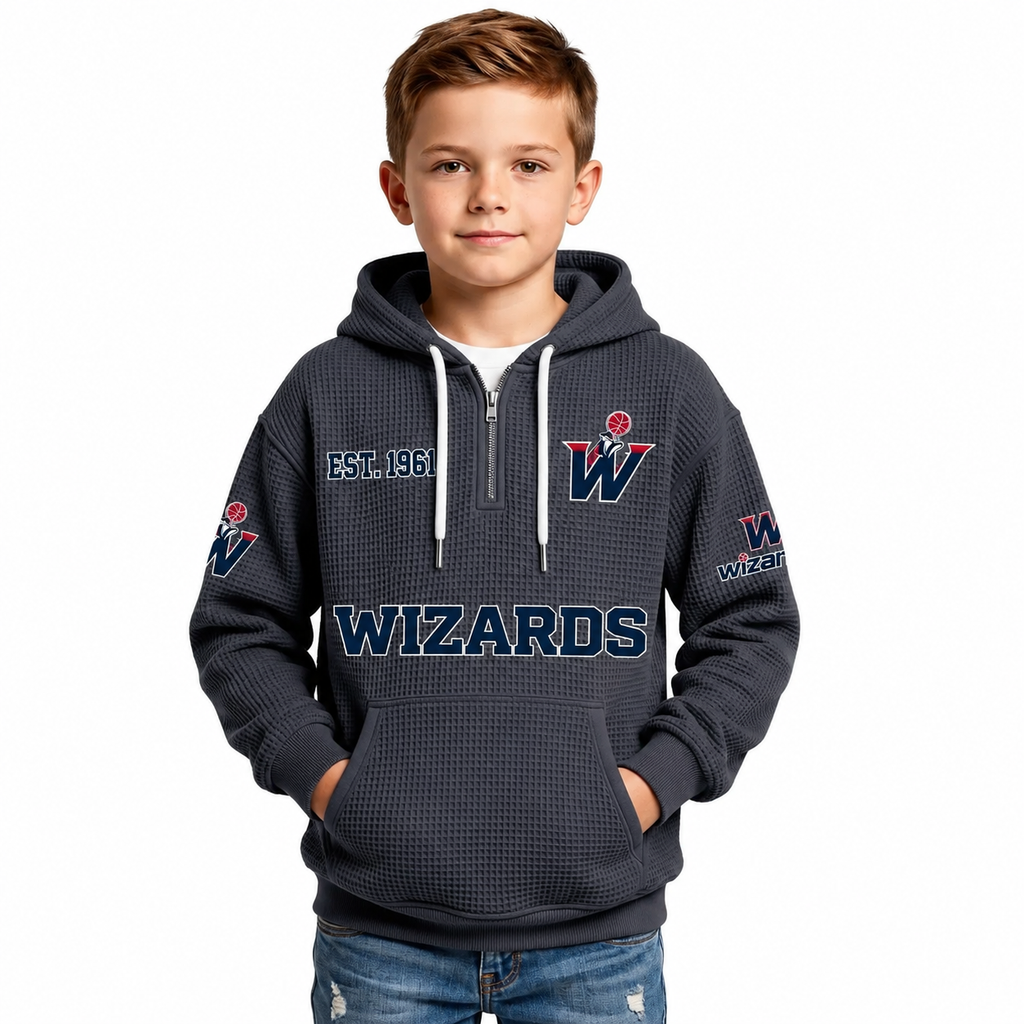 Washington Wizards EST 1961 Kids Baseball Fan Printed Waffle Quarter Zip Hoodie