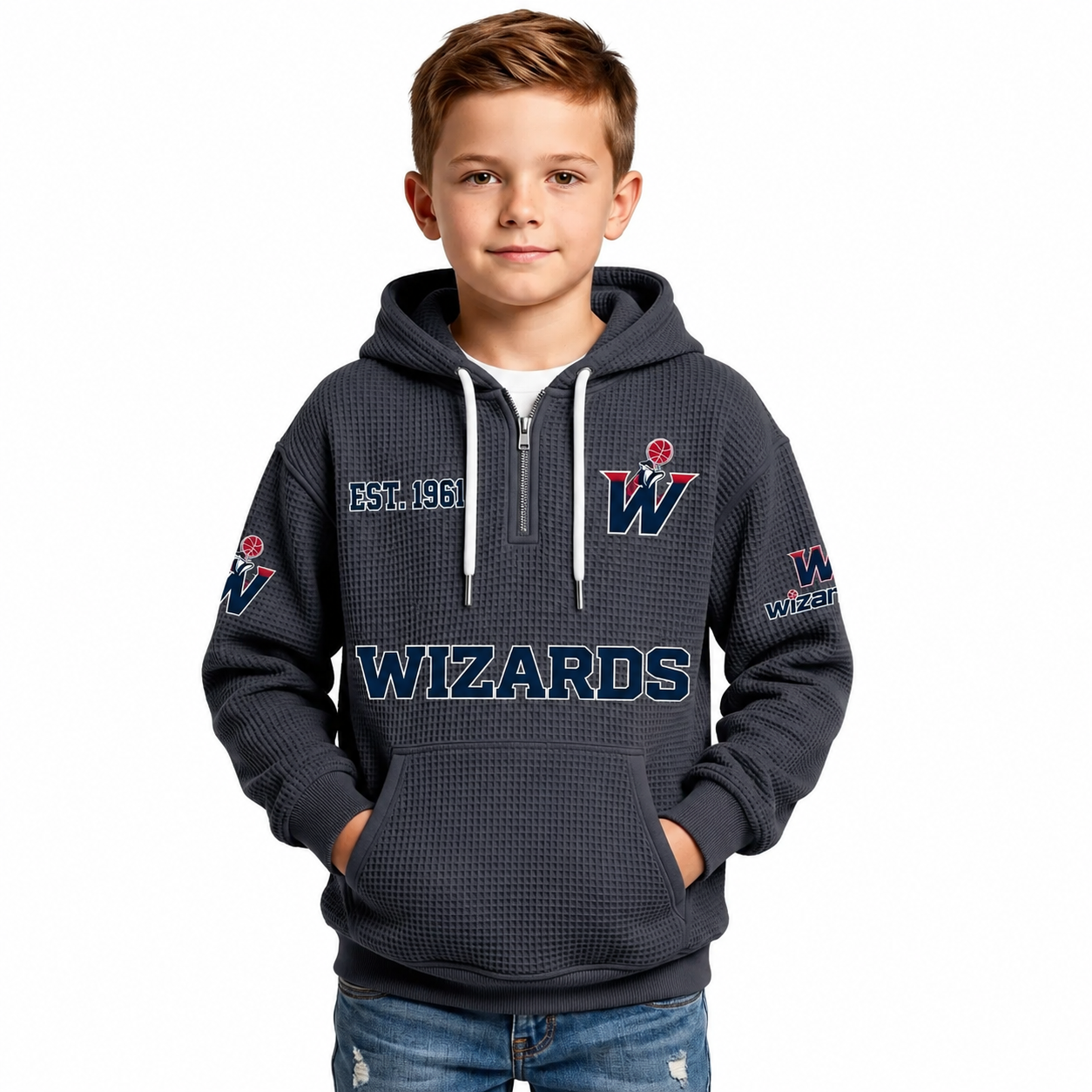 Washington Wizards EST 1961 Kids Baseball Fan Printed Waffle Quarter Zip Hoodie
