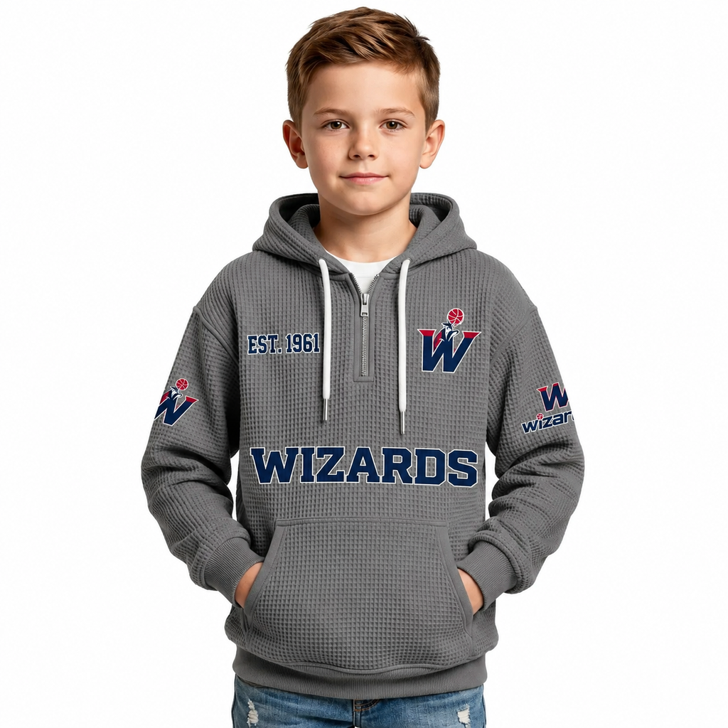 Washington Wizards EST 1961 Kids Baseball Fan Printed Waffle Quarter Zip Hoodie