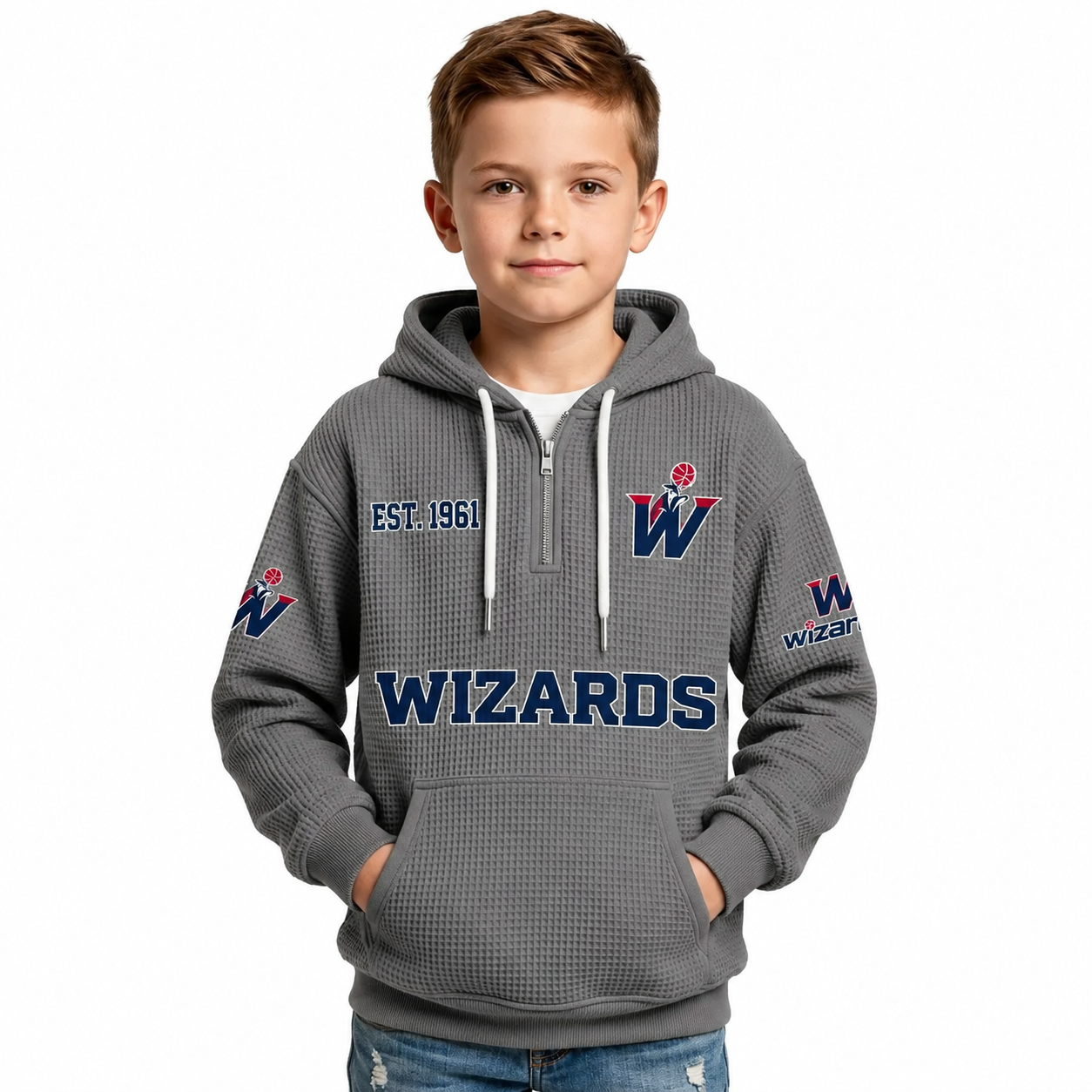 Washington Wizards EST 1961 Kids Baseball Fan Printed Waffle Quarter Zip Hoodie