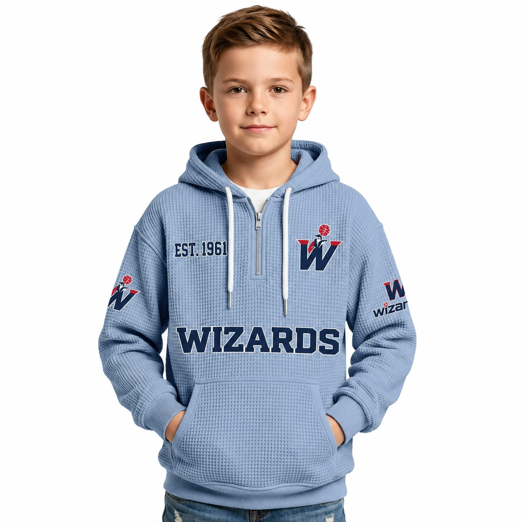 Washington Wizards EST 1961 Kids Baseball Fan Printed Waffle Quarter Zip Hoodie