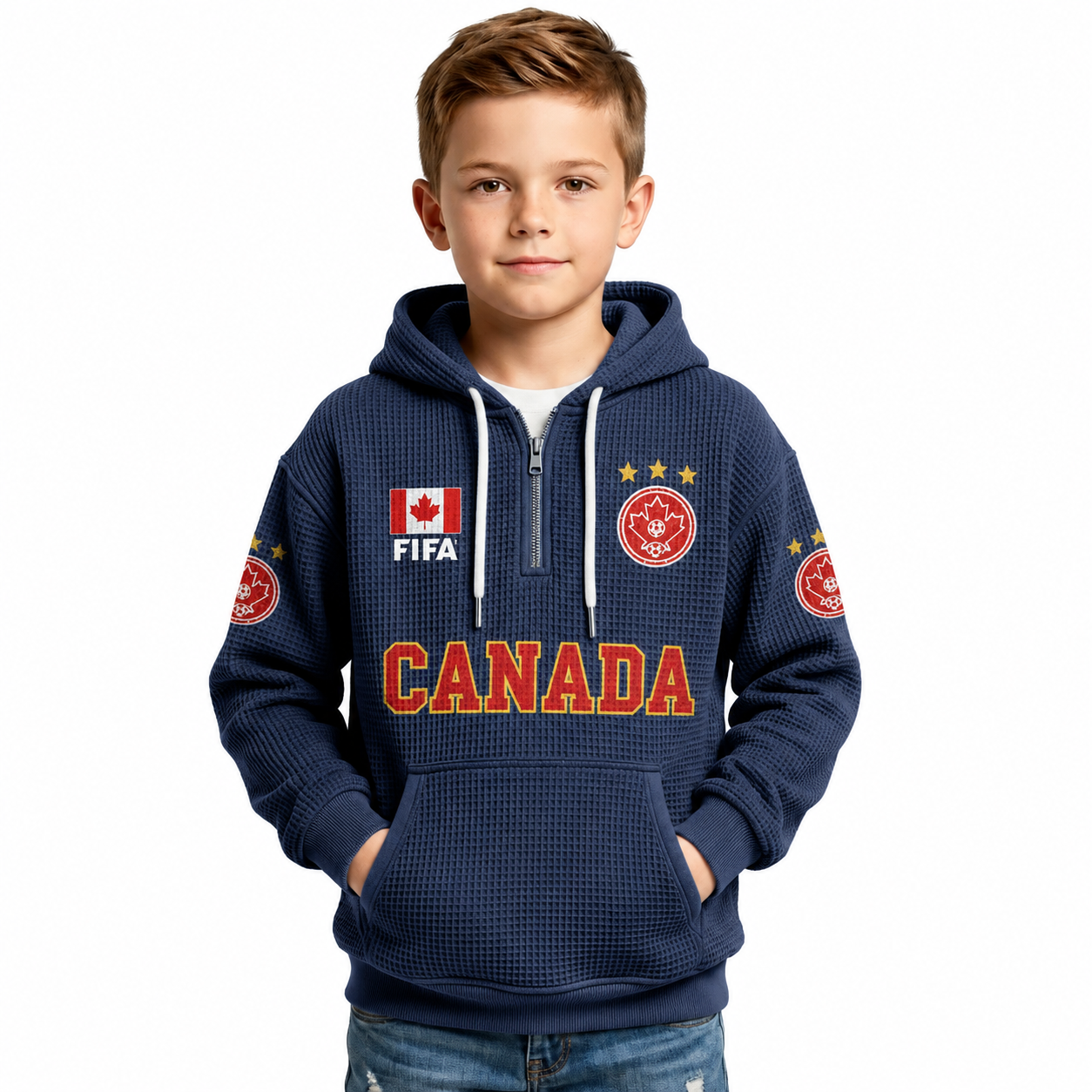 FIFA 2026 Canada Printed Waffle Quarter Zip Kids Football Fan Hoodie