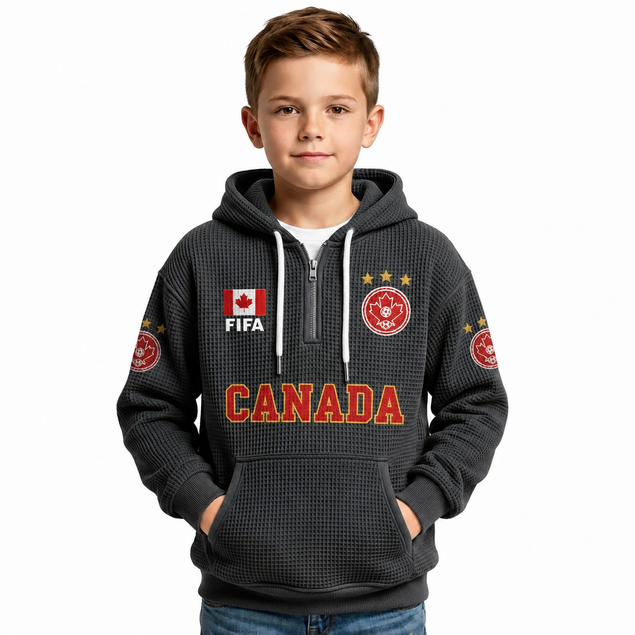 FIFA 2026 Canada Printed Waffle Quarter Zip Kids Football Fan Hoodie