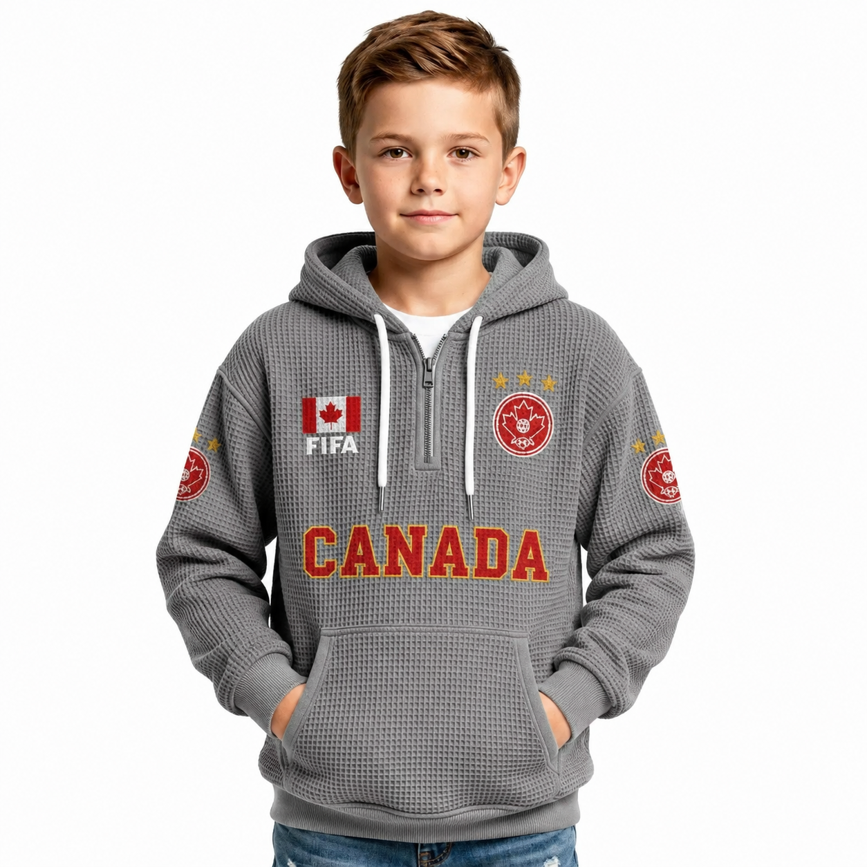 FIFA 2026 Canada Printed Waffle Quarter Zip Kids Football Fan Hoodie