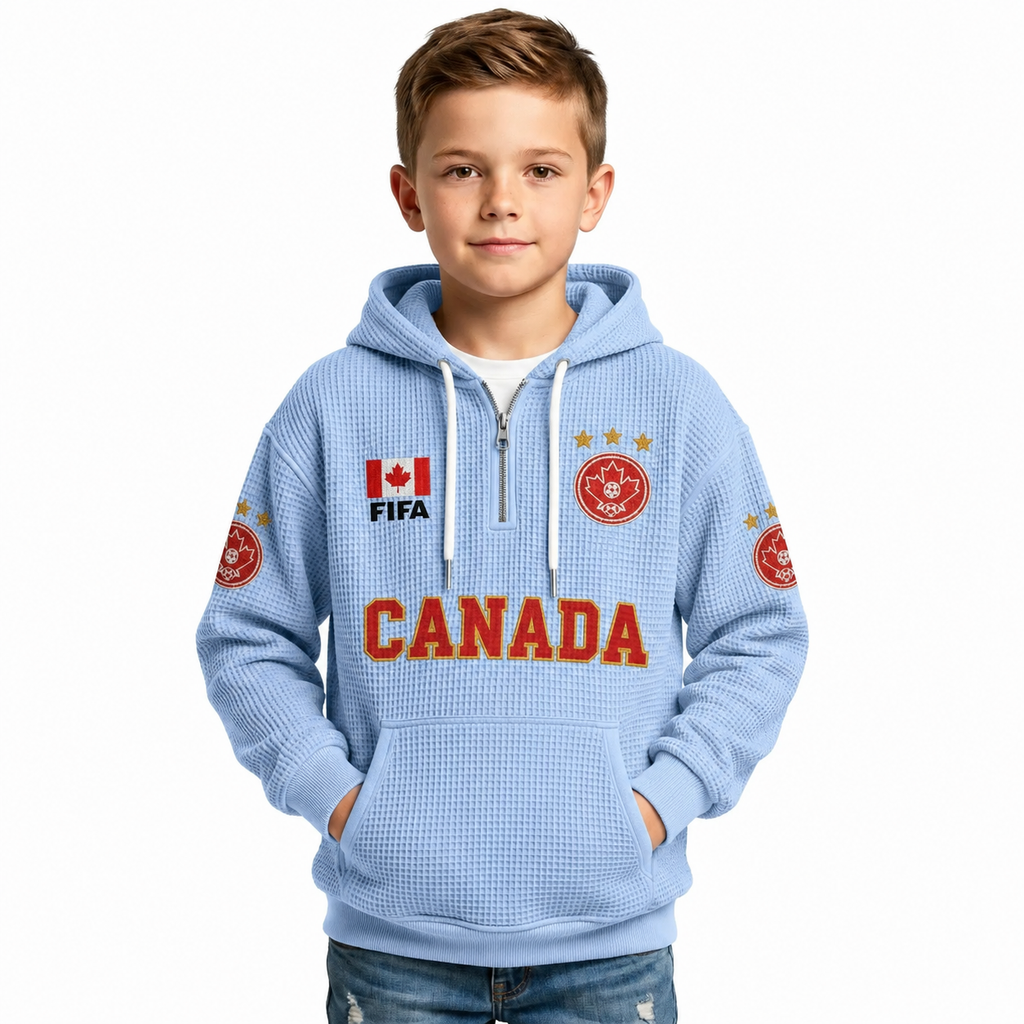 FIFA 2026 Canada Printed Waffle Quarter Zip Kids Football Fan Hoodie