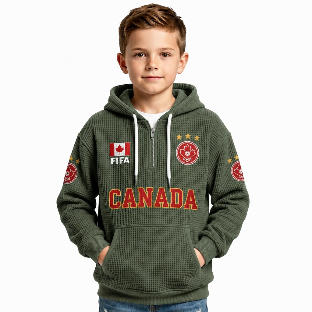 FIFA 2026 Canada Printed Waffle Quarter Zip Kids Football Fan Hoodie