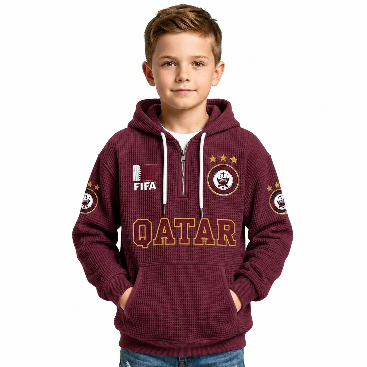FIFA 2026 Qatar Printed Waffle Quarter Zip Kids Football Fan Hoodie