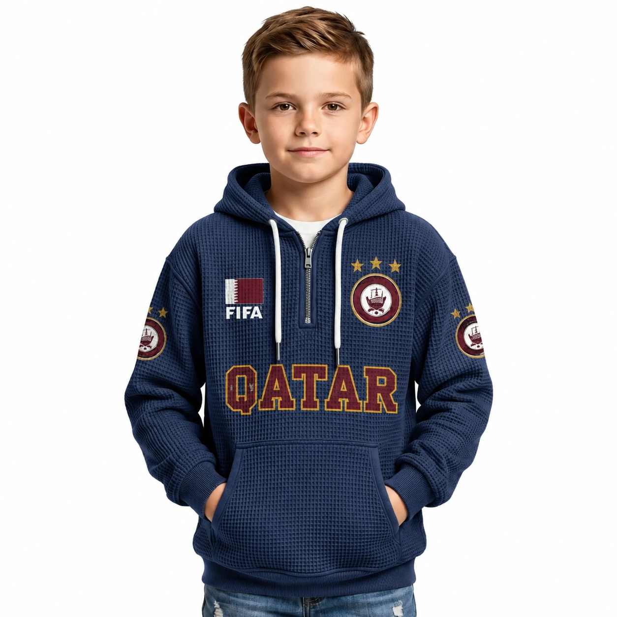 FIFA 2026 Qatar Printed Waffle Quarter Zip Kids Football Fan Hoodie