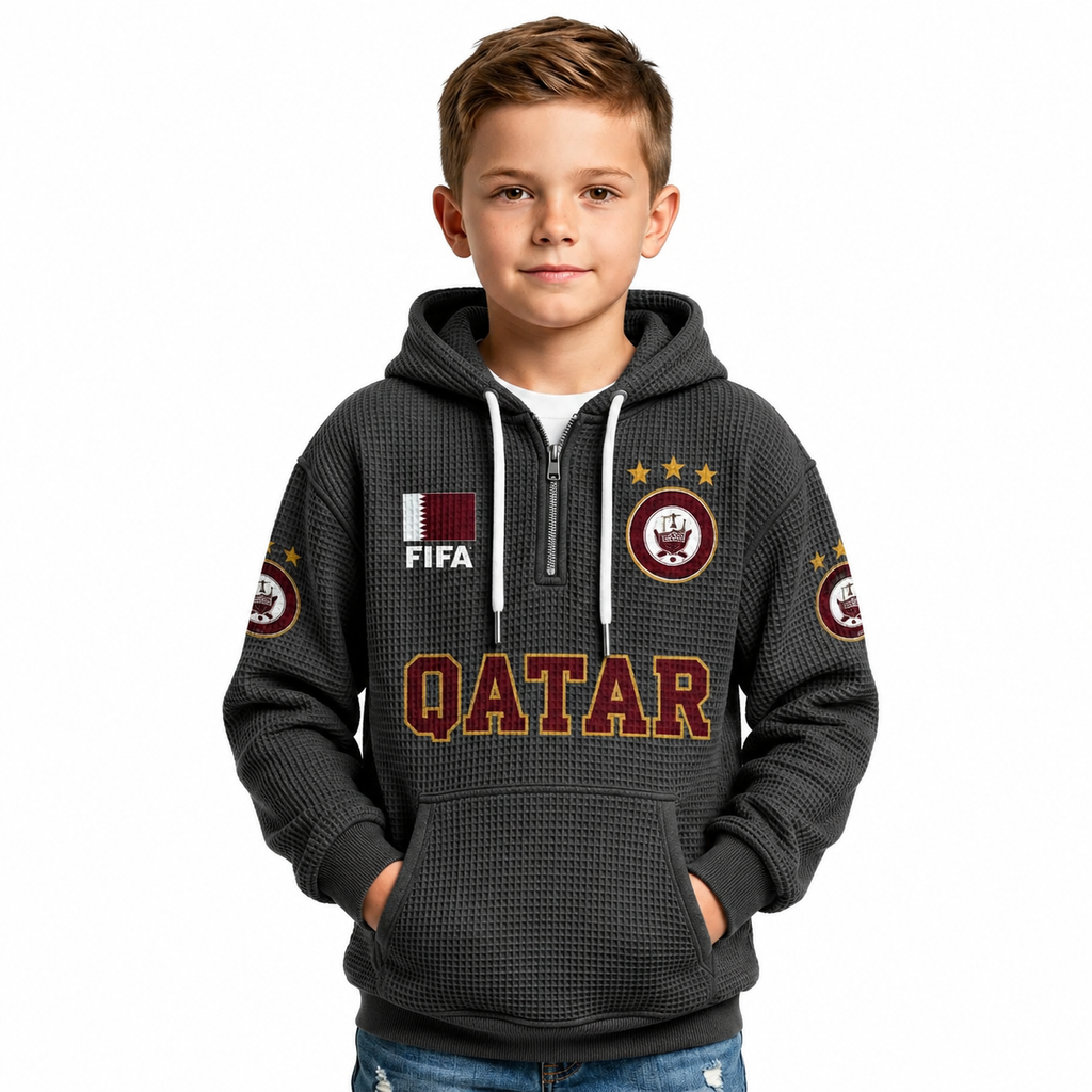FIFA 2026 Qatar Printed Waffle Quarter Zip Kids Football Fan Hoodie