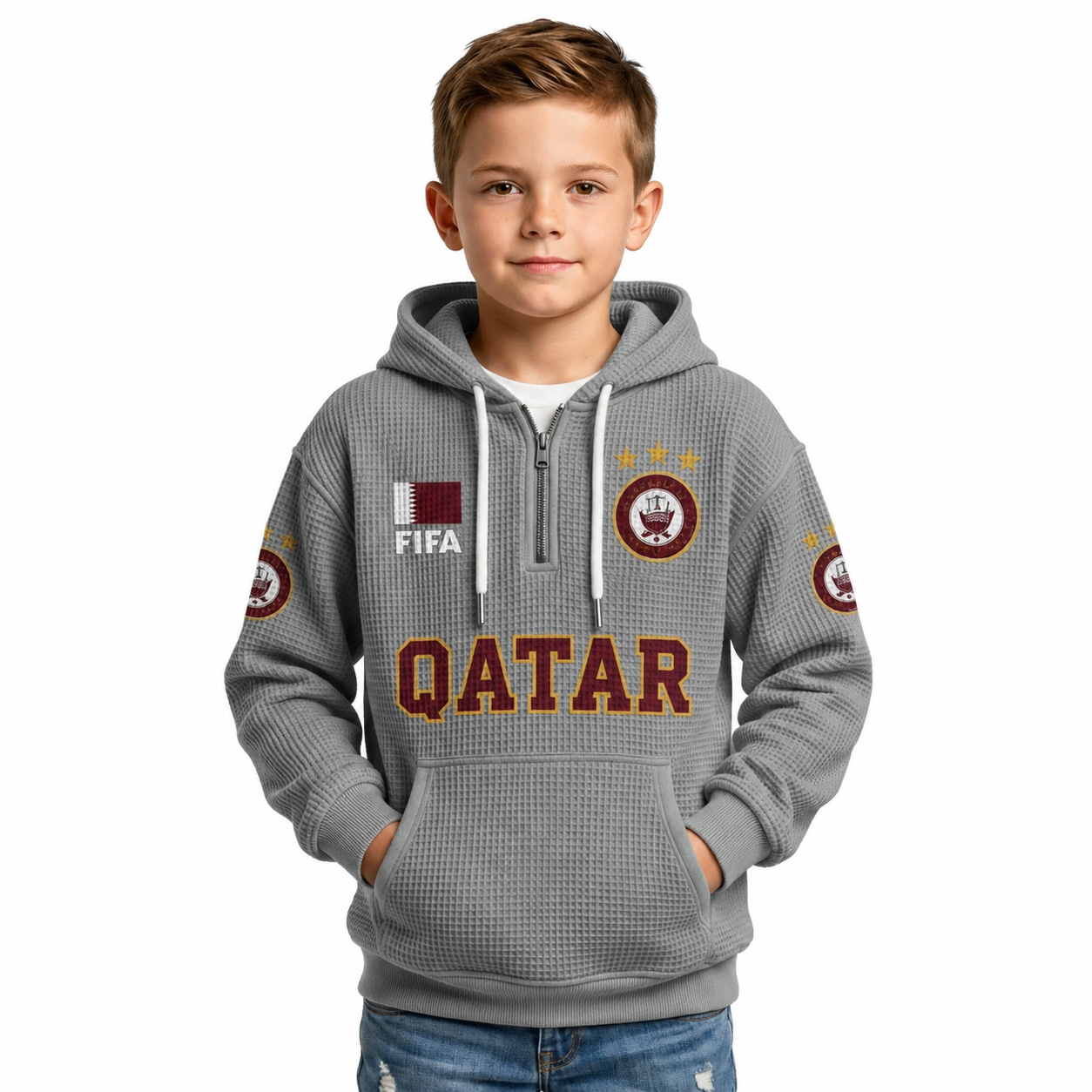 FIFA 2026 Qatar Printed Waffle Quarter Zip Kids Football Fan Hoodie