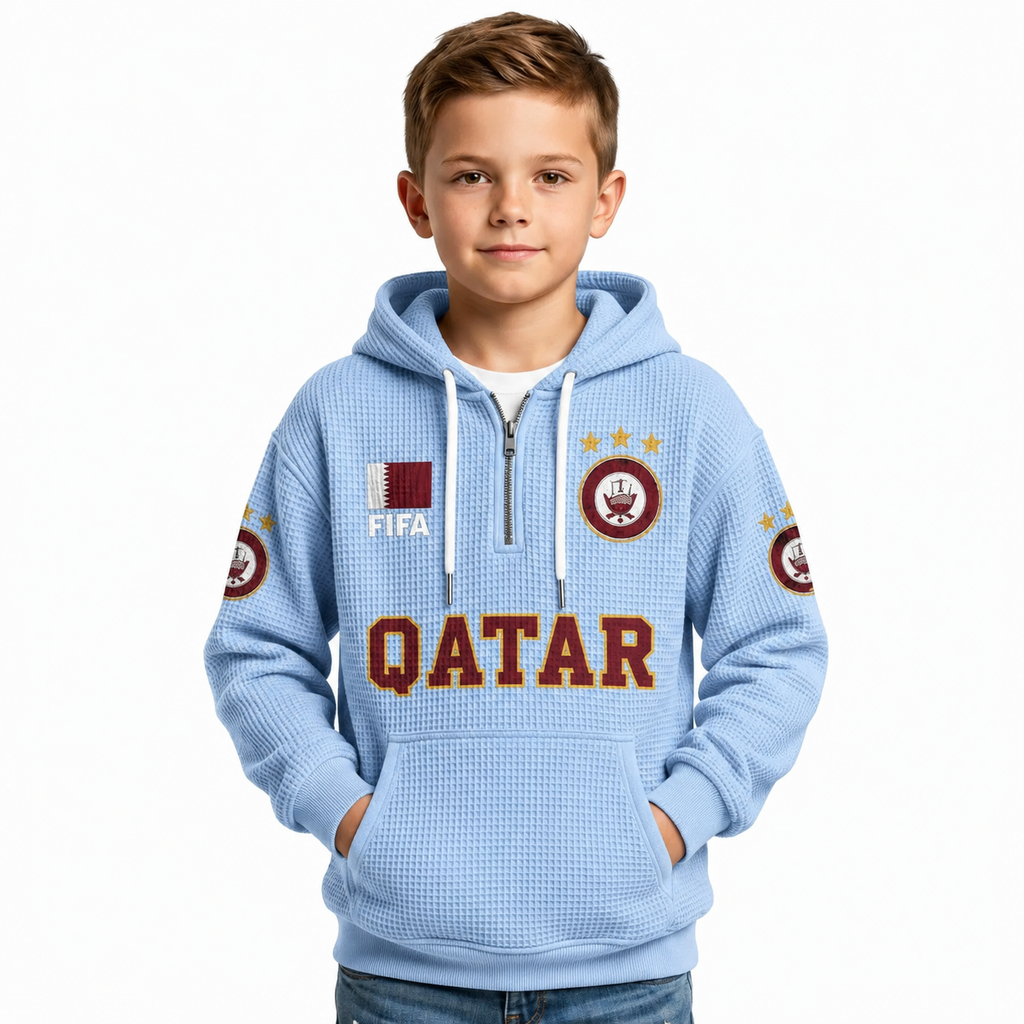 FIFA 2026 Qatar Printed Waffle Quarter Zip Kids Football Fan Hoodie