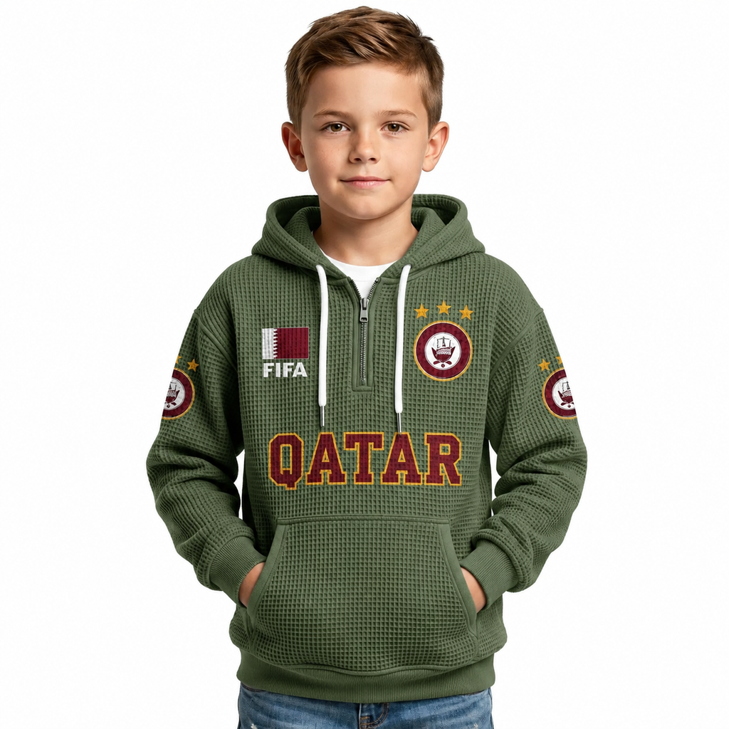 FIFA 2026 Qatar Printed Waffle Quarter Zip Kids Football Fan Hoodie