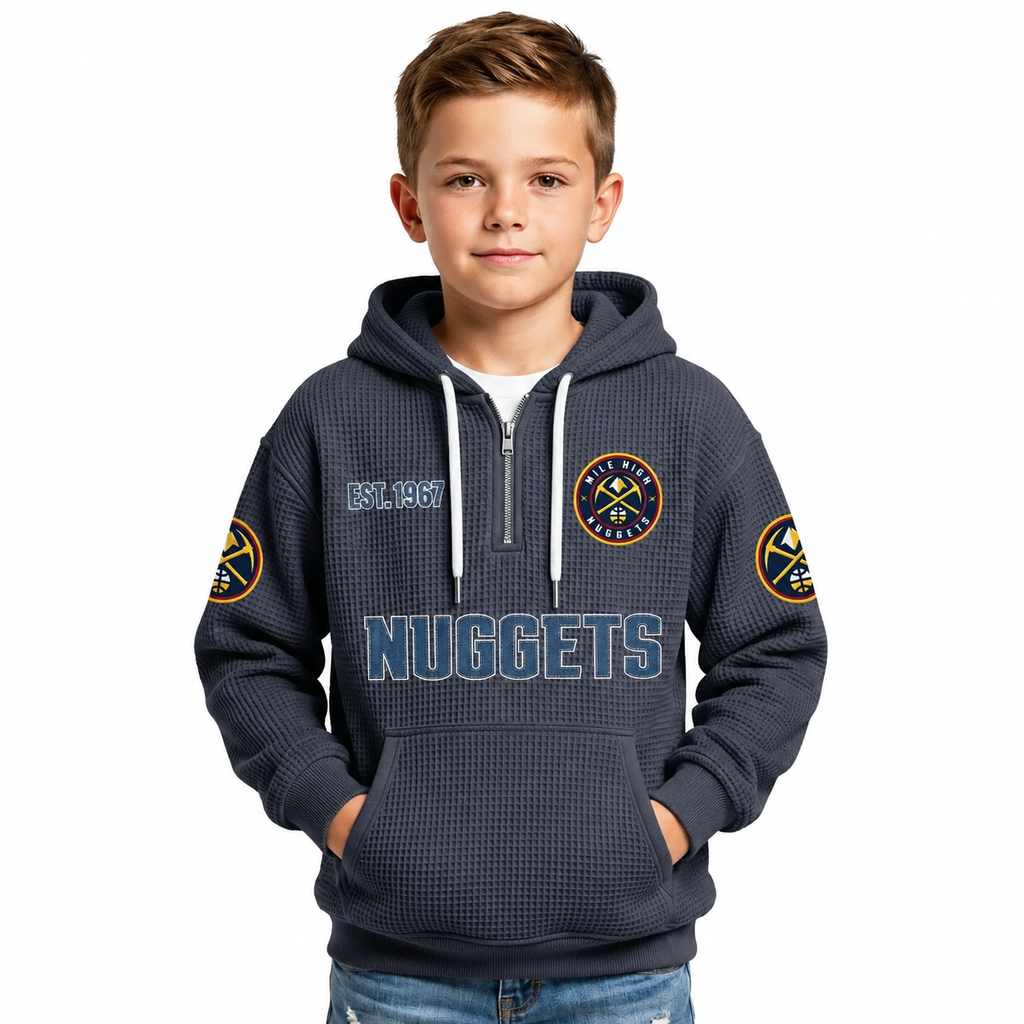 Denver Nuggets EST 1967 Kids Baseball Fan Printed Waffle Quarter Zip Hoodie
