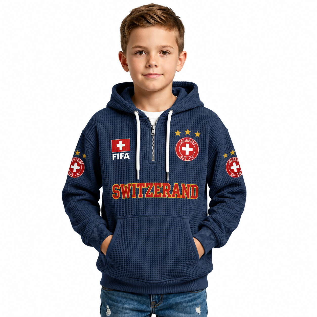 FIFA 2026 Switzerland Printed Waffle Quarter Zip Kids Football Fan Hoodie