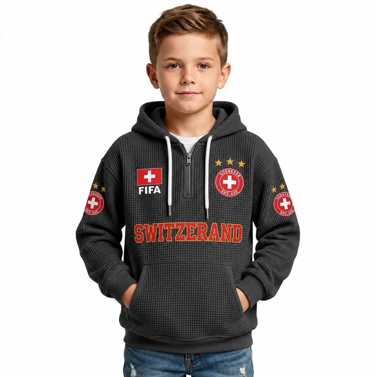 FIFA 2026 Switzerland Printed Waffle Quarter Zip Kids Football Fan Hoodie