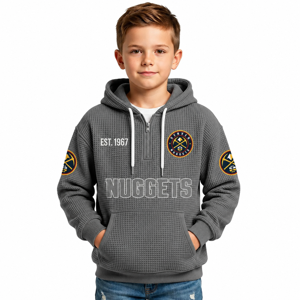 Denver Nuggets EST 1967 Kids Baseball Fan Printed Waffle Quarter Zip Hoodie