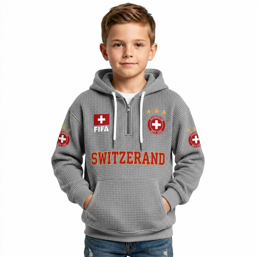 FIFA 2026 Switzerland Printed Waffle Quarter Zip Kids Football Fan Hoodie