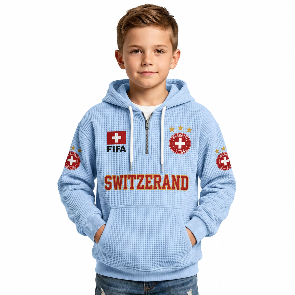 FIFA 2026 Switzerland Printed Waffle Quarter Zip Kids Football Fan Hoodie