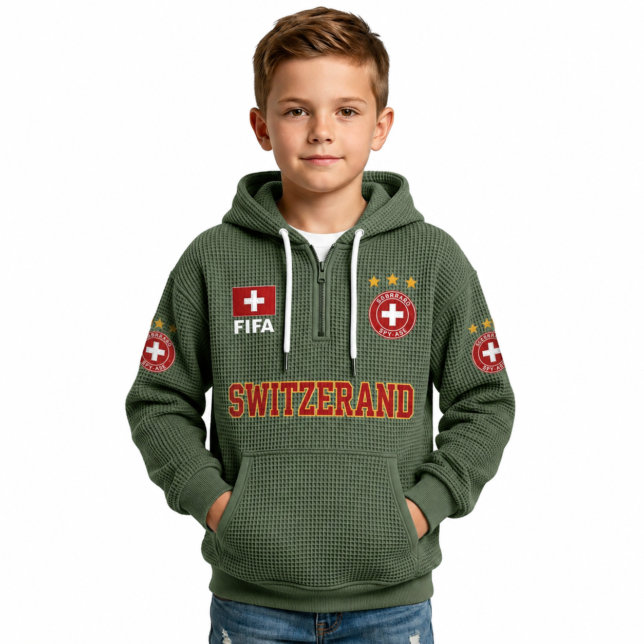 FIFA 2026 Switzerland Printed Waffle Quarter Zip Kids Football Fan Hoodie