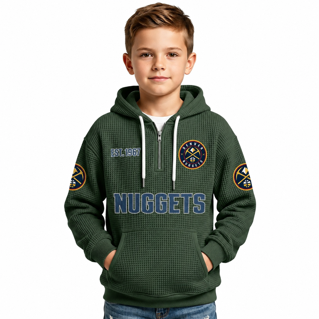 Denver Nuggets EST 1967 Kids Baseball Fan Printed Waffle Quarter Zip Hoodie