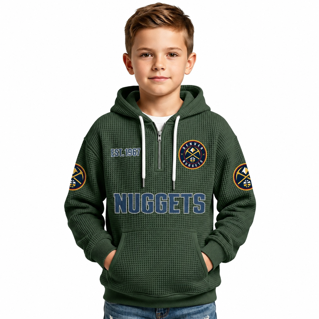 Denver Nuggets EST 1967 Kids Baseball Fan Printed Waffle Quarter Zip Hoodie