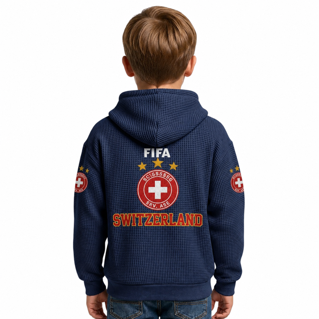 FIFA 2026 Switzerland Printed Waffle Quarter Zip Kids Football Fan Hoodie
