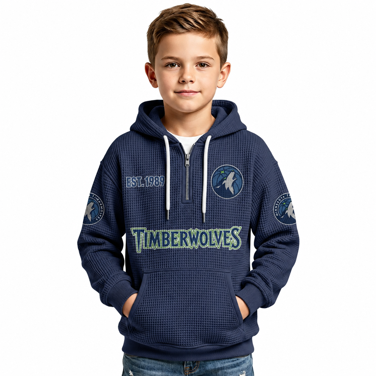 Minnesota Timberwolves EST 1989 Kids Baseball Fan Printed Waffle Quarter Zip Hoodie