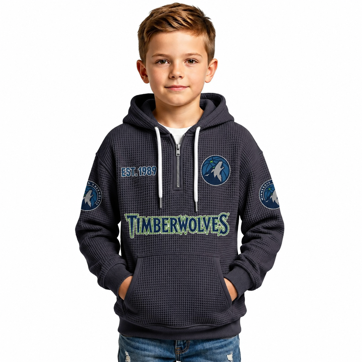 Minnesota Timberwolves EST 1989 Kids Baseball Fan Printed Waffle Quarter Zip Hoodie