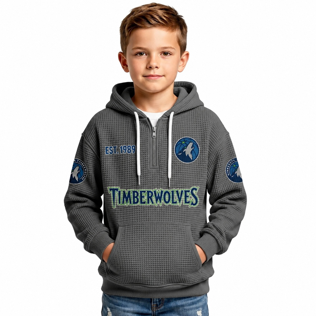 Minnesota Timberwolves EST 1989 Kids Baseball Fan Printed Waffle Quarter Zip Hoodie