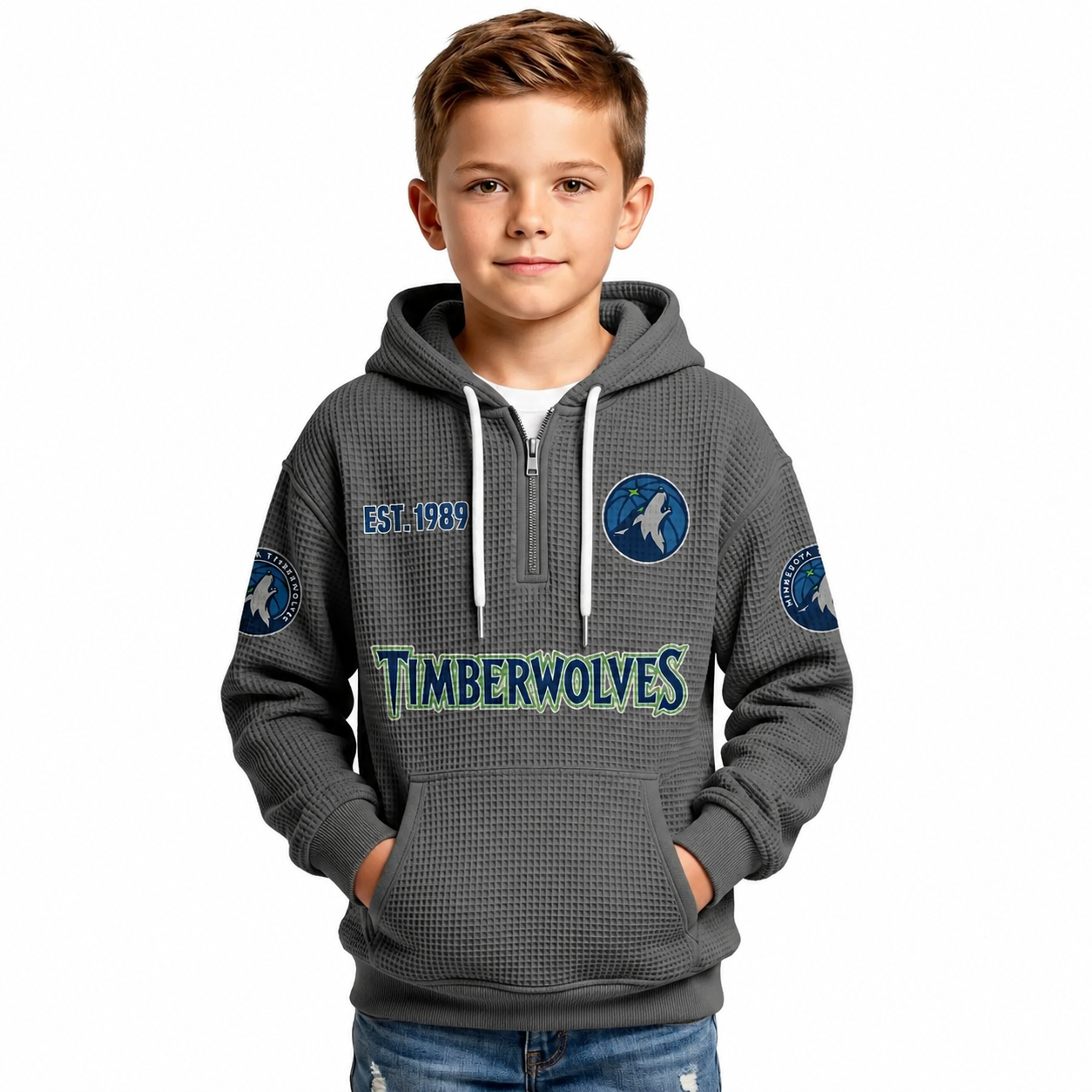 Minnesota Timberwolves EST 1989 Kids Baseball Fan Printed Waffle Quarter Zip Hoodie