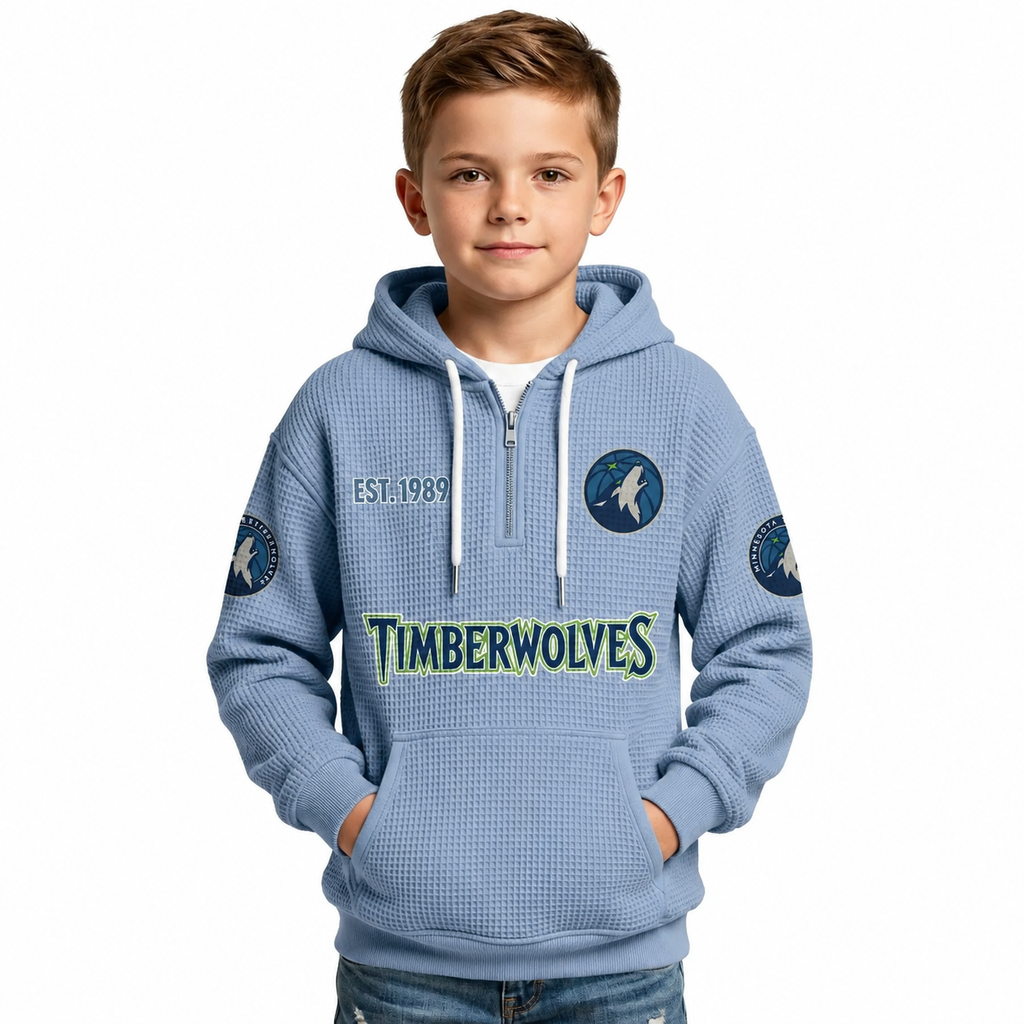 Minnesota Timberwolves EST 1989 Kids Baseball Fan Printed Waffle Quarter Zip Hoodie