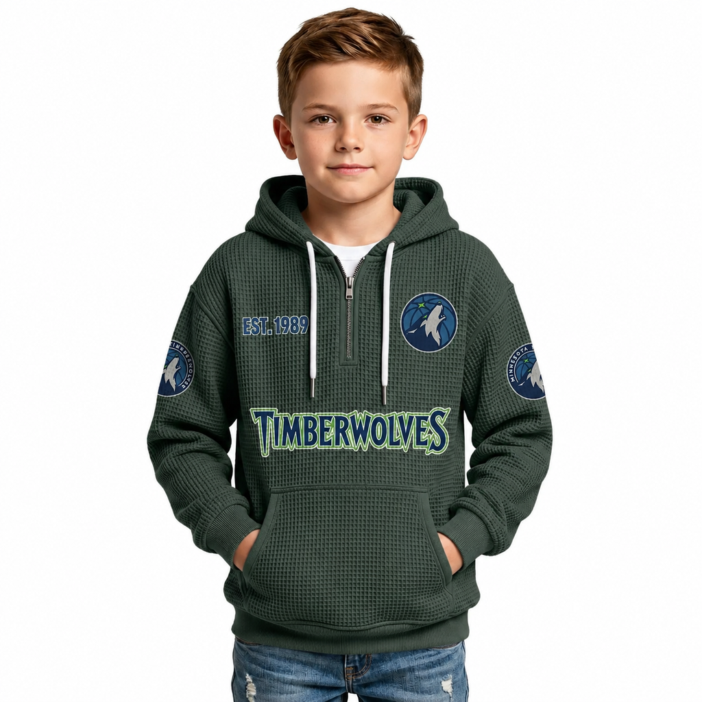 Minnesota Timberwolves EST 1989 Kids Baseball Fan Printed Waffle Quarter Zip Hoodie