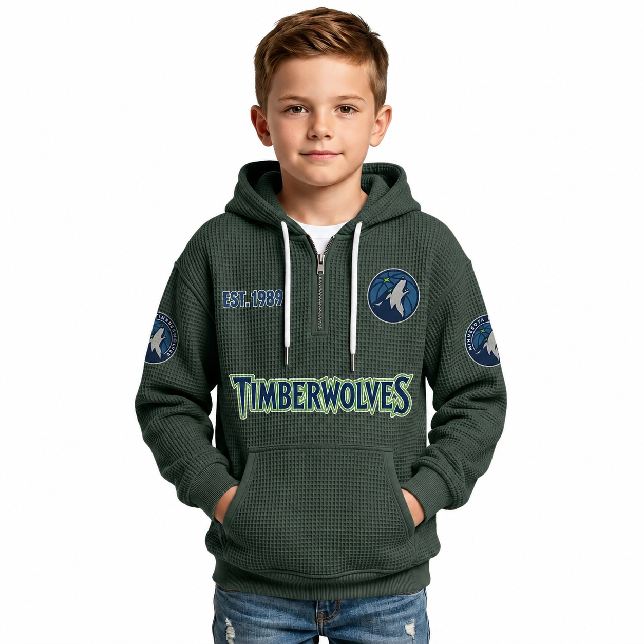 Minnesota Timberwolves EST 1989 Kids Baseball Fan Printed Waffle Quarter Zip Hoodie