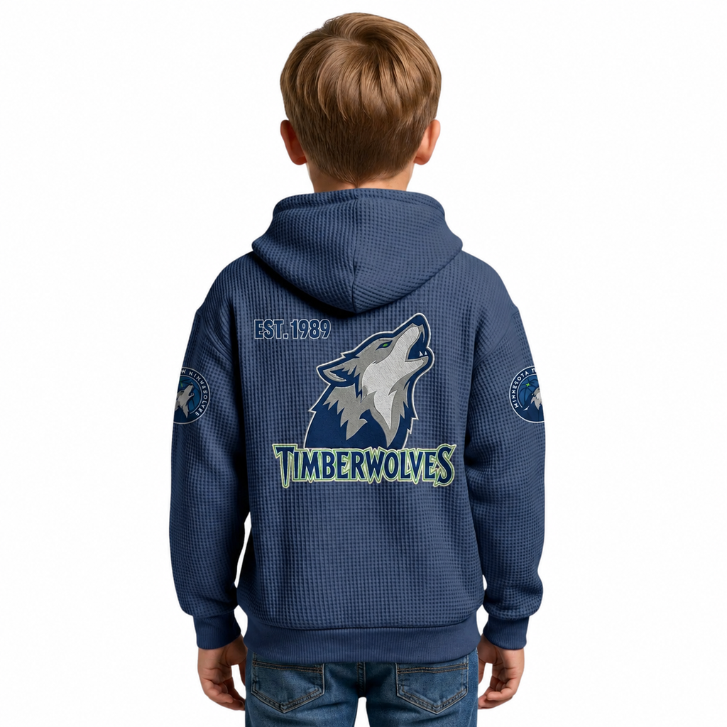 Minnesota Timberwolves EST 1989 Kids Baseball Fan Printed Waffle Quarter Zip Hoodie