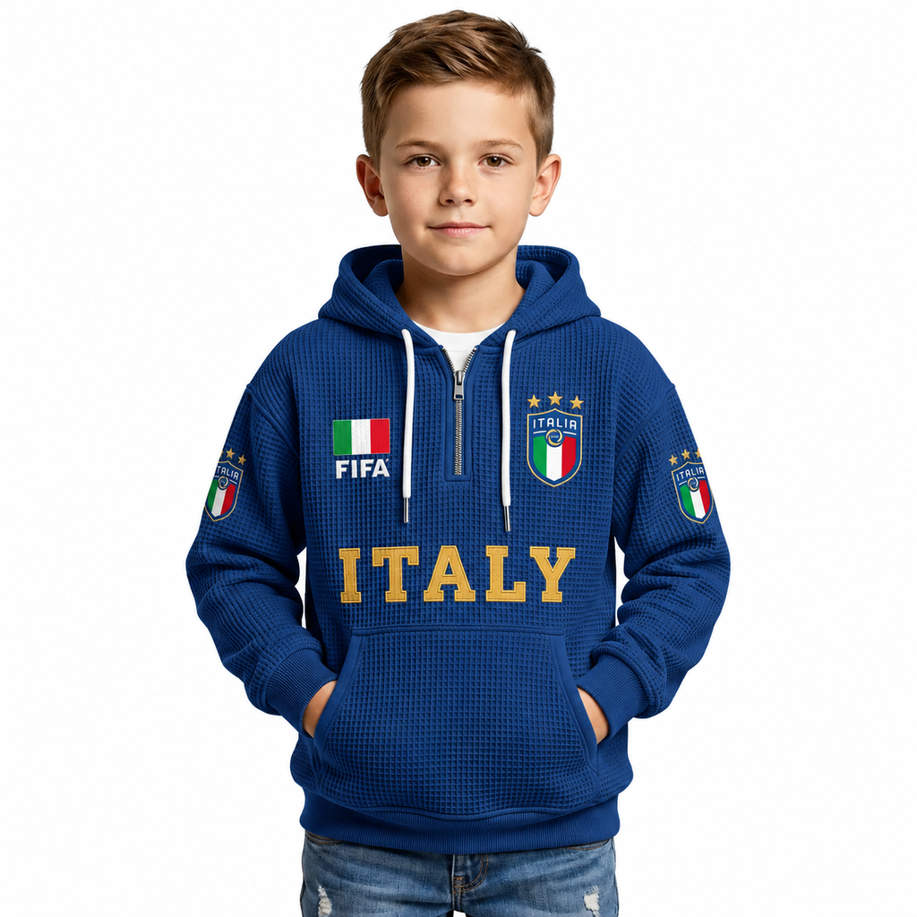 FIFA 2026 Italy Printed Waffle Quarter Zip Kids Football Fan Hoodie