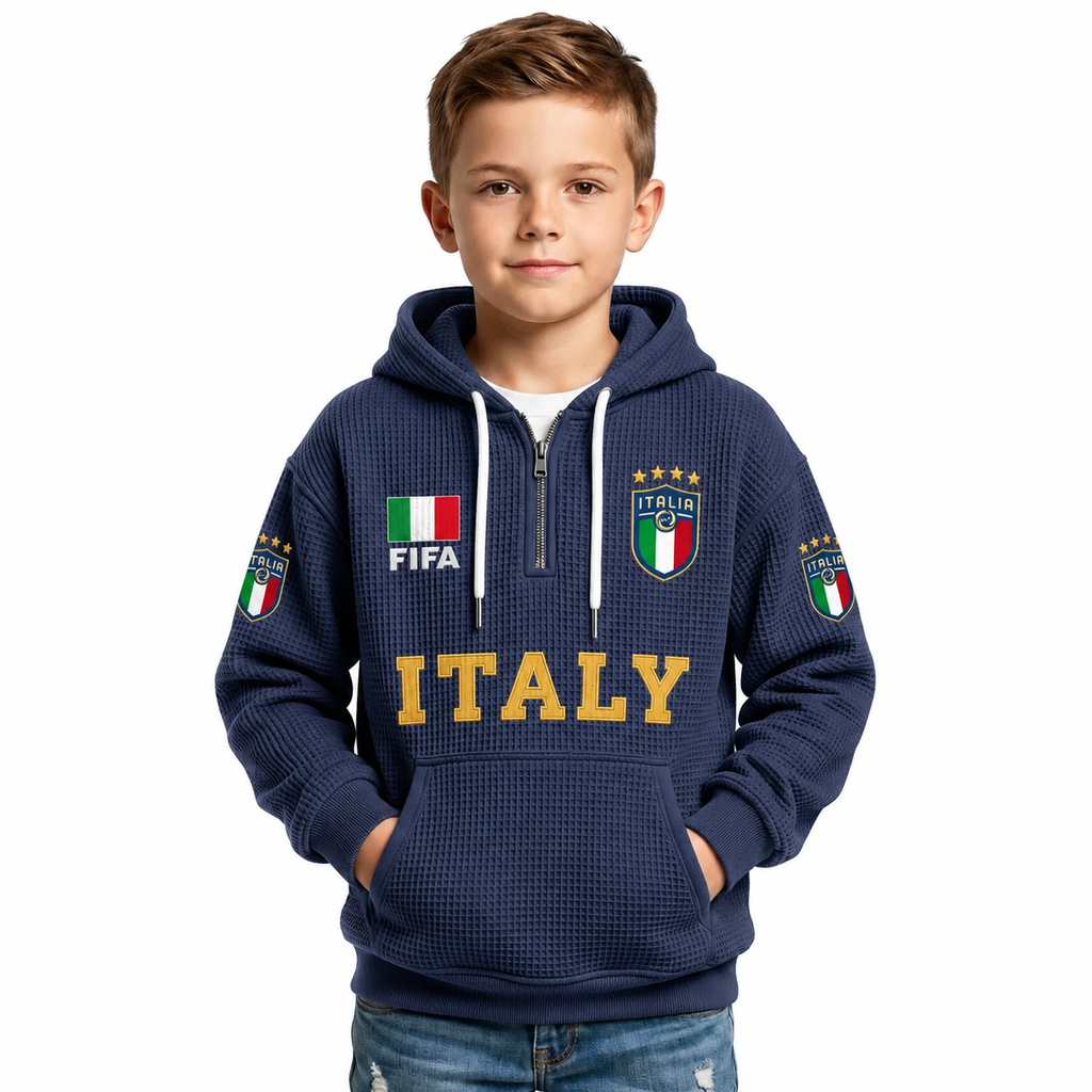 FIFA 2026 Italy Printed Waffle Quarter Zip Kids Football Fan Hoodie