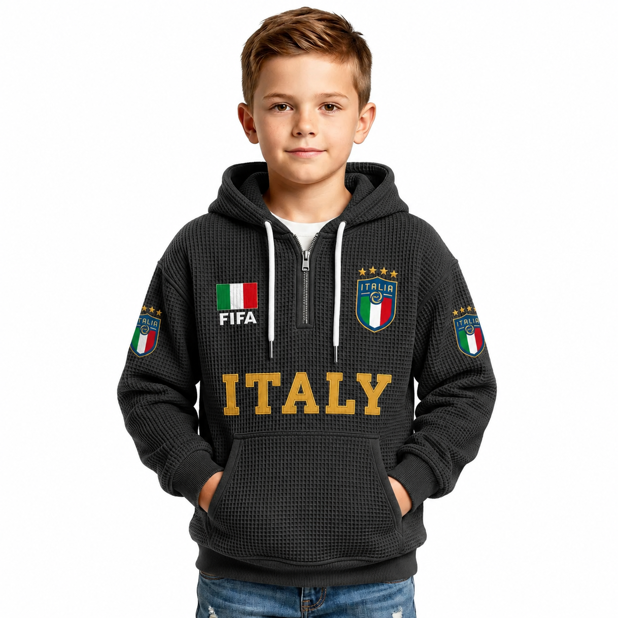 FIFA 2026 Italy Printed Waffle Quarter Zip Kids Football Fan Hoodie