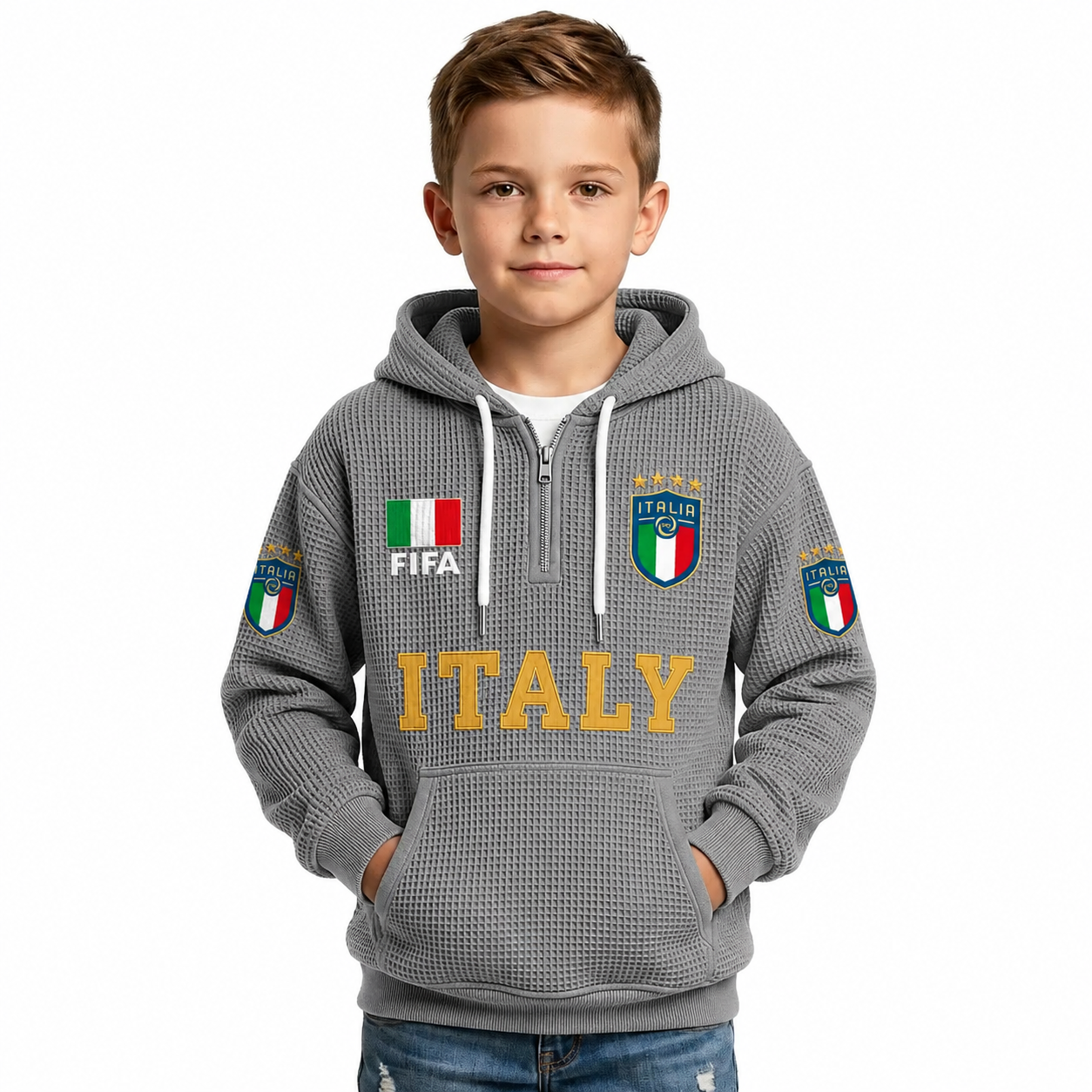 FIFA 2026 Italy Printed Waffle Quarter Zip Kids Football Fan Hoodie