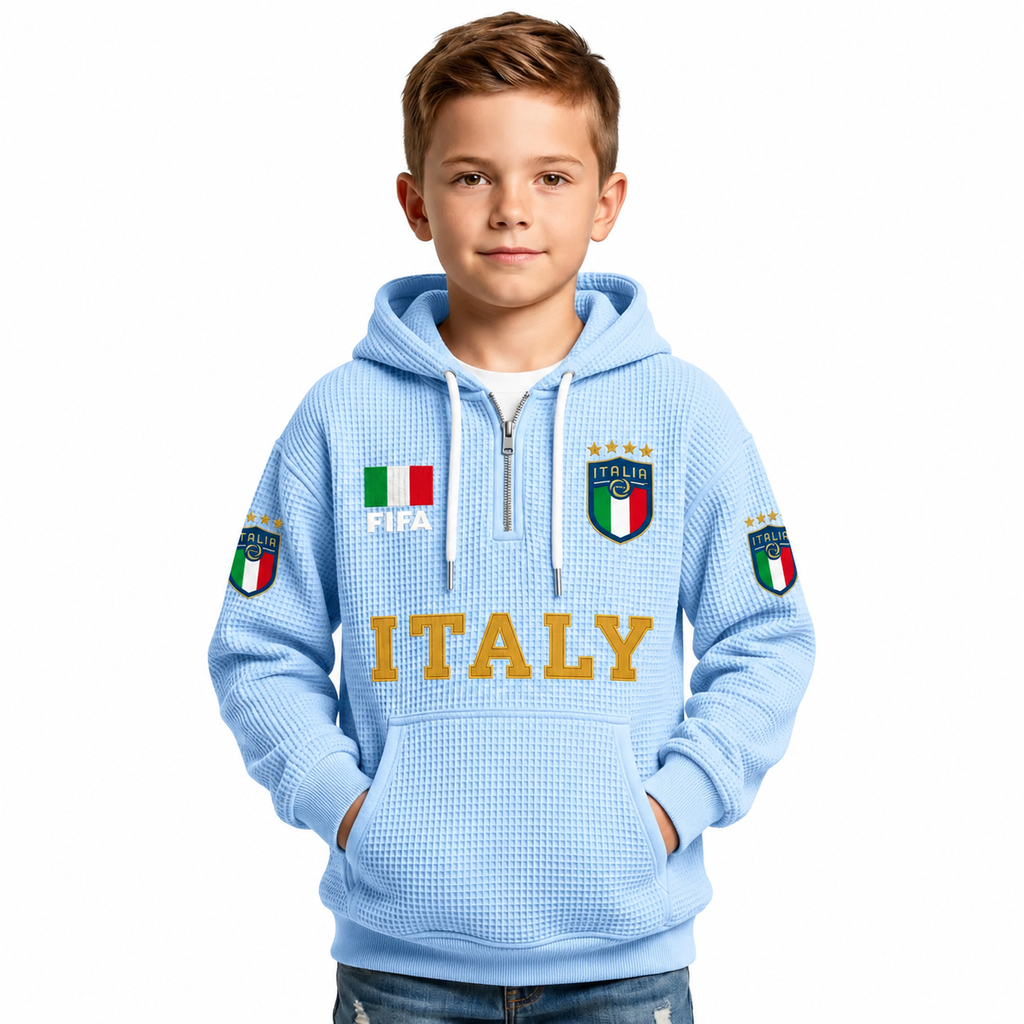 FIFA 2026 Italy Printed Waffle Quarter Zip Kids Football Fan Hoodie