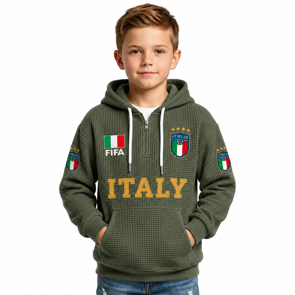 FIFA 2026 Italy Printed Waffle Quarter Zip Kids Football Fan Hoodie