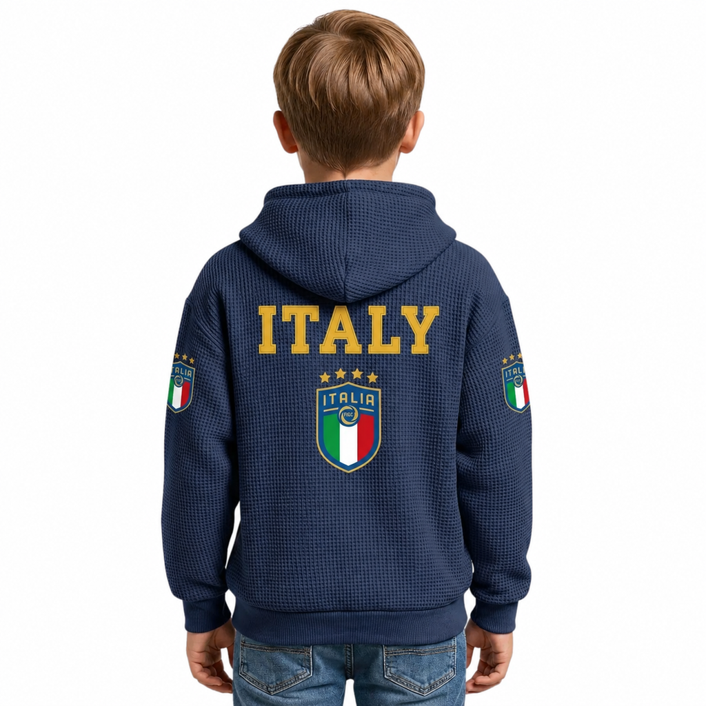 FIFA 2026 Italy Printed Waffle Quarter Zip Kids Football Fan Hoodie