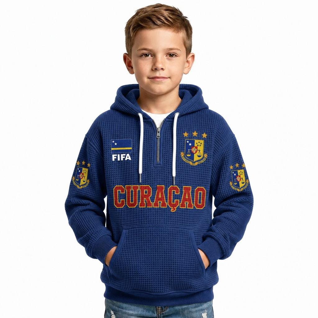 FIFA 2026 Curacao Printed Waffle Quarter Zip Kids Football Fan Hoodie